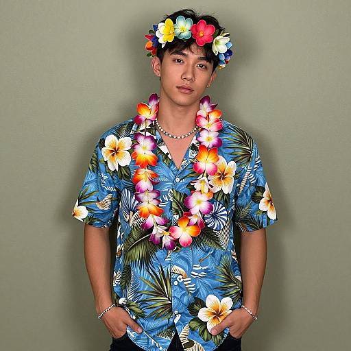 Photograph of an Asian man with short black hair, wearing a blue floral shirt, flower lei, head wreath, and necklace, standing against a