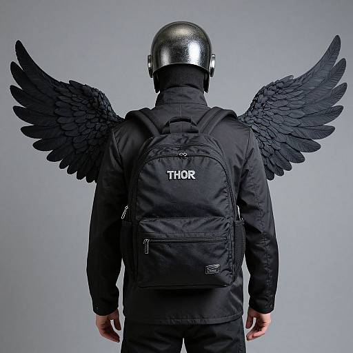 Photograph of a person with black wings, wearing a shiny helmet and black Thor-branded backpack, facing away, against a gray background.