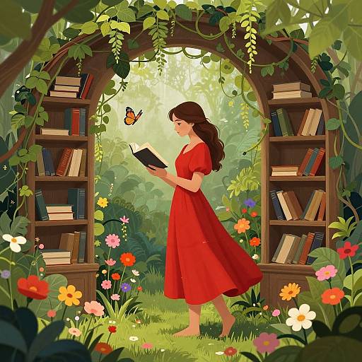 Digital illustration: Curly-haired woman in red dress reads book under lush, vine-covered archway, surrounded by colorful flowers and butterflies.