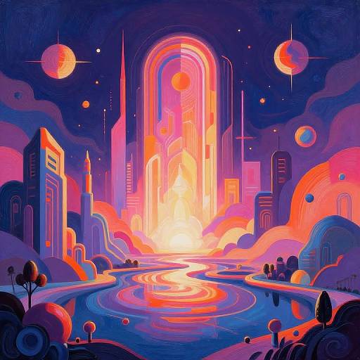 Vibrant digital illustration of a futuristic cityscape at sunset, with glowing skyscrapers, neon lights, a radiant central arch, and colorful planets