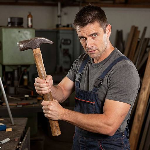 Determined Man with Hammer in Workshop