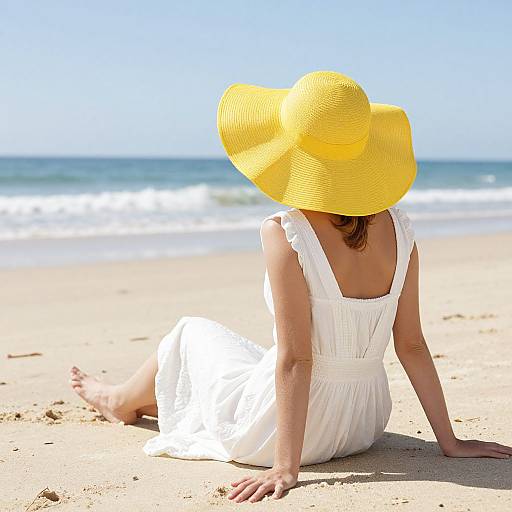 Photograph of a woman in a white dress and large yellow sunhat sitting on a sandy beach with ocean waves in the background.