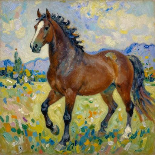 Impressionist painting of a brown horse with a black mane and tail, galloping through a colorful, sunlit field with blue sky and mountains