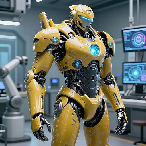 Photorealistic CGI of a yellow and black glowing futuristic robot with blue lights, standing in a high-tech laboratory with monitors.