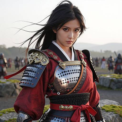 Photorealistic digital image of an Asian woman in traditional Japanese samurai armor, red kimono, and black pauldrons, standing outdoors with a