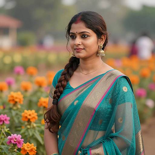 Serene Indian Woman in Teal Saree