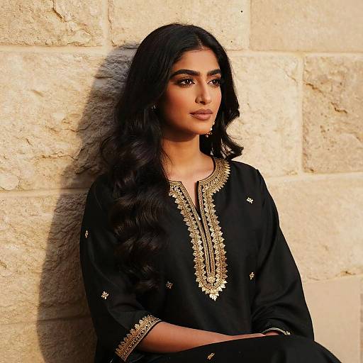 Photograph of a South Asian woman with long black hair, wearing a black traditional kameez with gold embroidery, standing against a sunlit stone wall