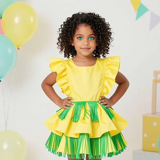 Photograph of a young Black girl with curly hair, wearing a yellow dress with green fringe, standing with hands on hips, surrounded by balloons and a