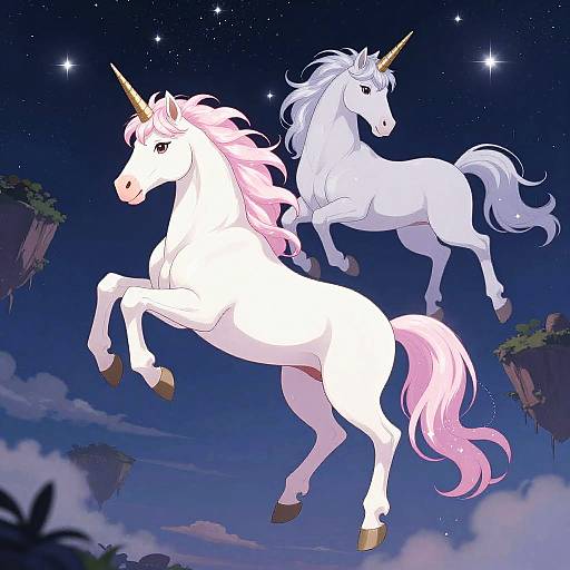 Digital illustration of two white unicorns with pink and white manes, galloping under a starry night sky, floating islands in background.