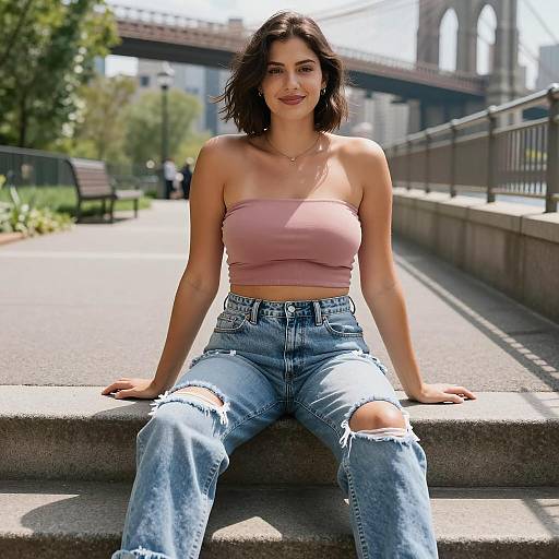 Young Woman Sitting Near Brooklyn Bridge