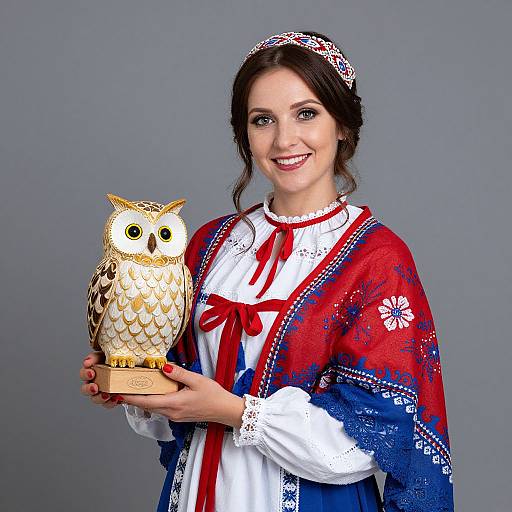 Photograph of a smiling woman with dark hair, wearing a red and blue embroidered shawl, white dress with red ribbon, holding a large, detailed