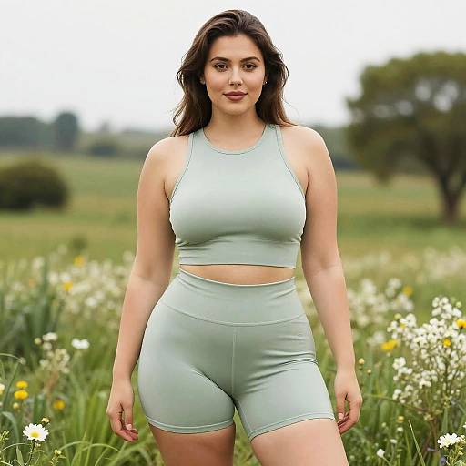 Photograph of a curvy woman with light olive skin, dark wavy hair, wearing light green athletic crop top and shorts, standing in a sunny