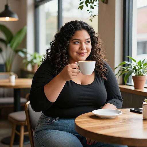 Photograph of a smiling, curvy, dark-haired woman with curly hair, wearing a black long-sleeve top and blue jeans, holding a