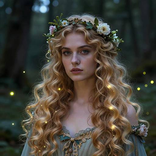 Photograph of a fair-skinned, blue-eyed woman with long, wavy blonde hair, wearing a floral crown and off-the-shoulder,