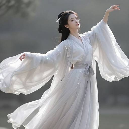 Photograph of an Asian woman in a flowing, white, translucent hanbok with wide sleeves, standing gracefully outdoors, illuminated by soft sunlight.