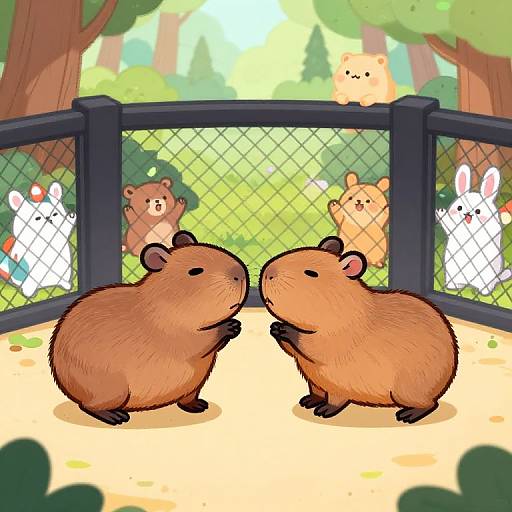 Cartoon-style digital drawing of two brown hamsters facing each other in a sunny, fenced enclosure with various cute, colorful rabbits in the background.