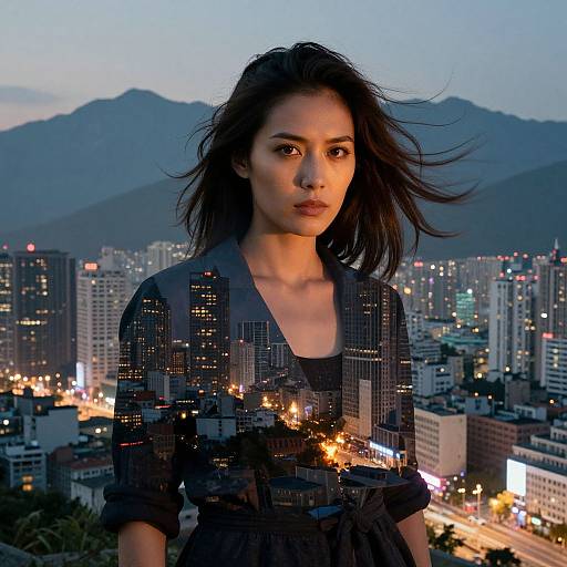 Photograph of a young Asian woman with long dark hair, wearing a blue patterned dress, standing against a twilight cityscape with mountains in the background