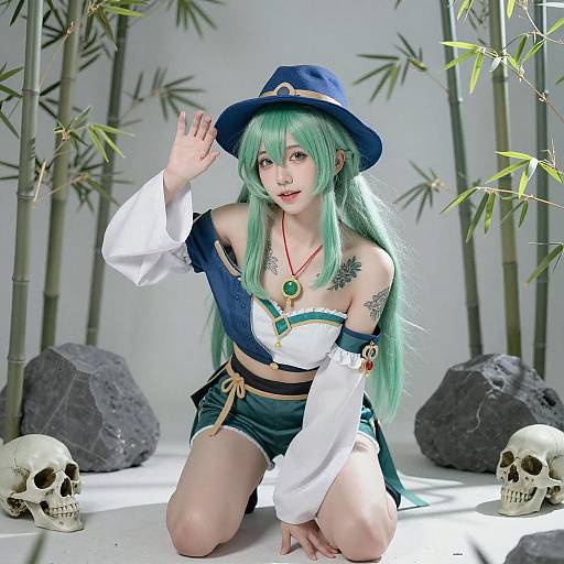Green-Haired Cosplayer in Stylized Scene
