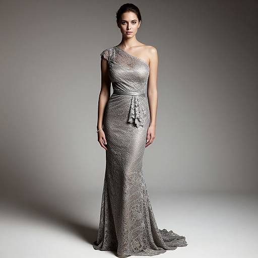 Photograph of a tall, dark-haired woman in a shimmering, silver, one-shoulder, floor-length evening gown with a textured fabric and