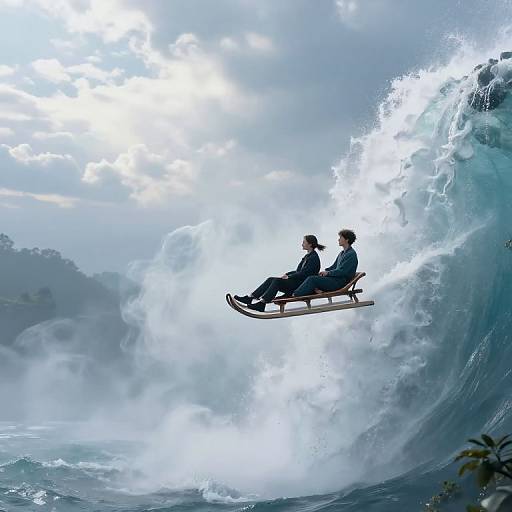 Digital illustration of two people riding a wooden sled atop a massive, crashing ocean wave under a bright, cloudy sky.