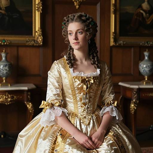 Photograph of a fair-skinned woman with curled brown hair, wearing an elaborate 18th-century gold satin dress with white lace, seated in a