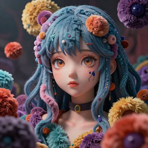 Digital artwork of a wide-eyed, blue-haired anime girl with colorful pom-poms in her hair and around her, wearing a black choker. Vibr
