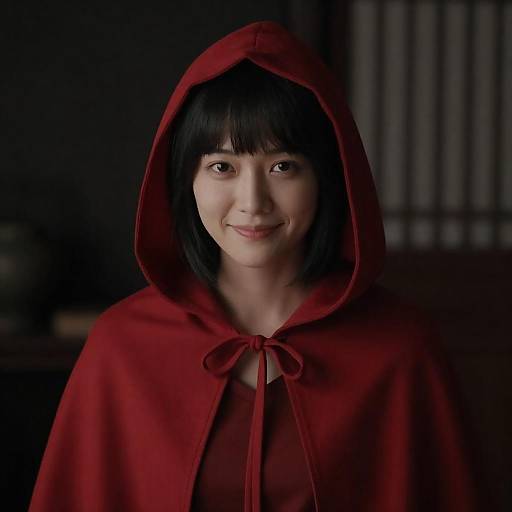 Mysterious Asian Woman in Red Cloak