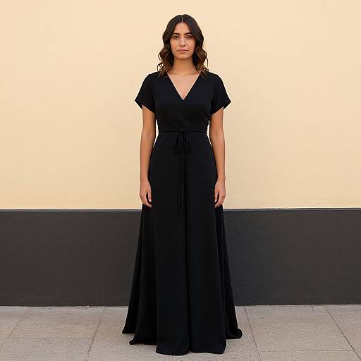 Photograph of a young woman with wavy dark hair, wearing a black V-neck, short-sleeve, floor-length dress, standing against a