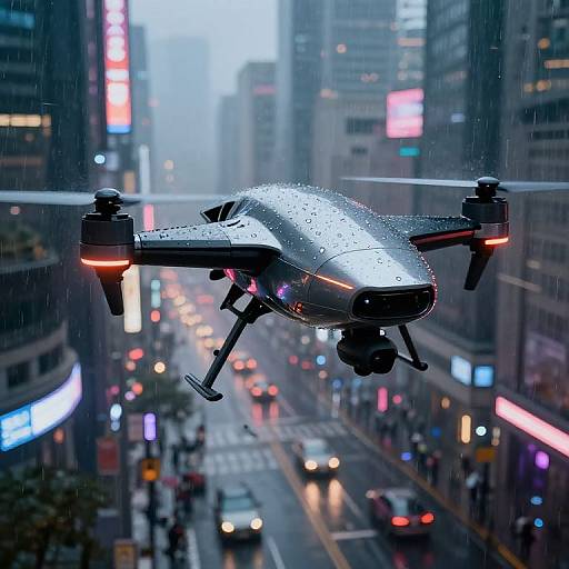 Futuristic City Guardian Drone in Rain