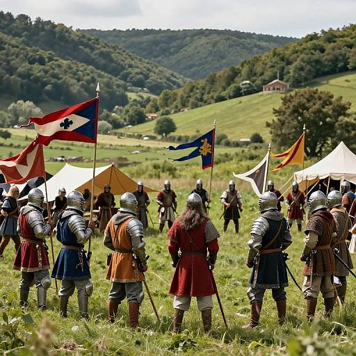 Photograph of medieval reenactment: soldiers in armor and colorful coats, holding flags, stand in a grassy field with white tents, rolling