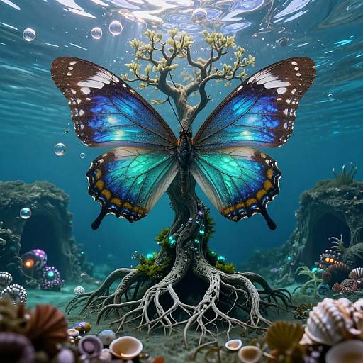 Photorealistic underwater scene: vibrant blue and black butterfly with glowing wings perched on a twisted tree root amidst coral and bubbles.
