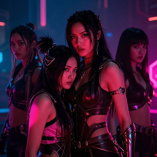 Photograph of four Asian women in neon-lit, black latex outfits with leather accessories, standing closely together in a futuristic, cyberpunk setting. Vibr