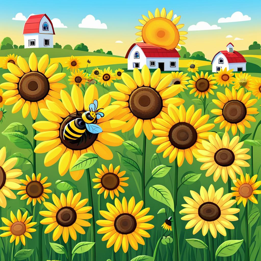 Cheerful Bee and Friends in Sunflower Field