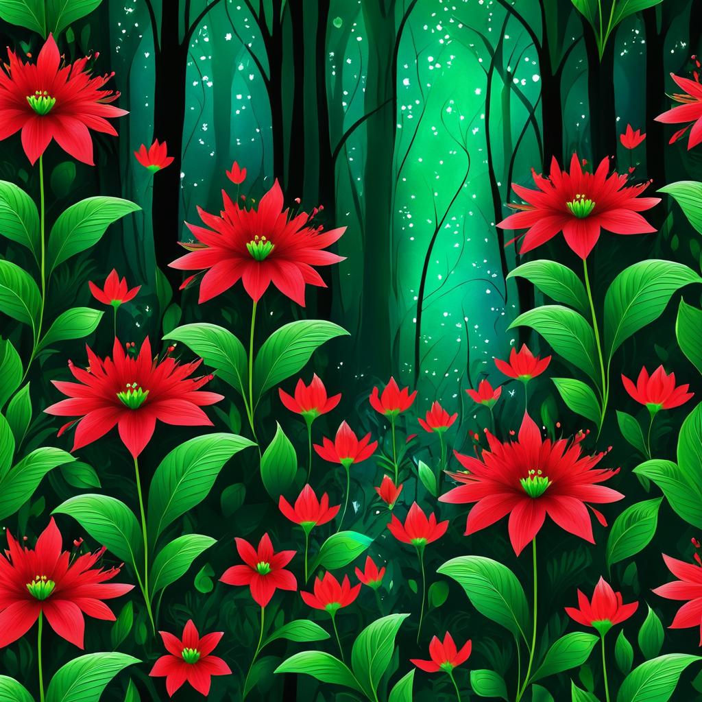 Whimsical Crimson Flowers in Enchanted Forest