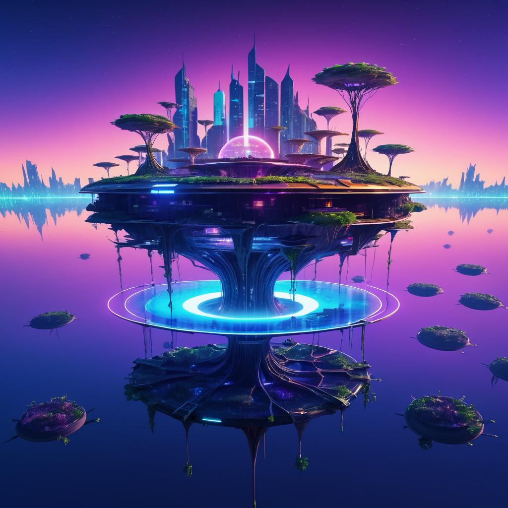 Futuristic Twilight Robot City on Floating Island