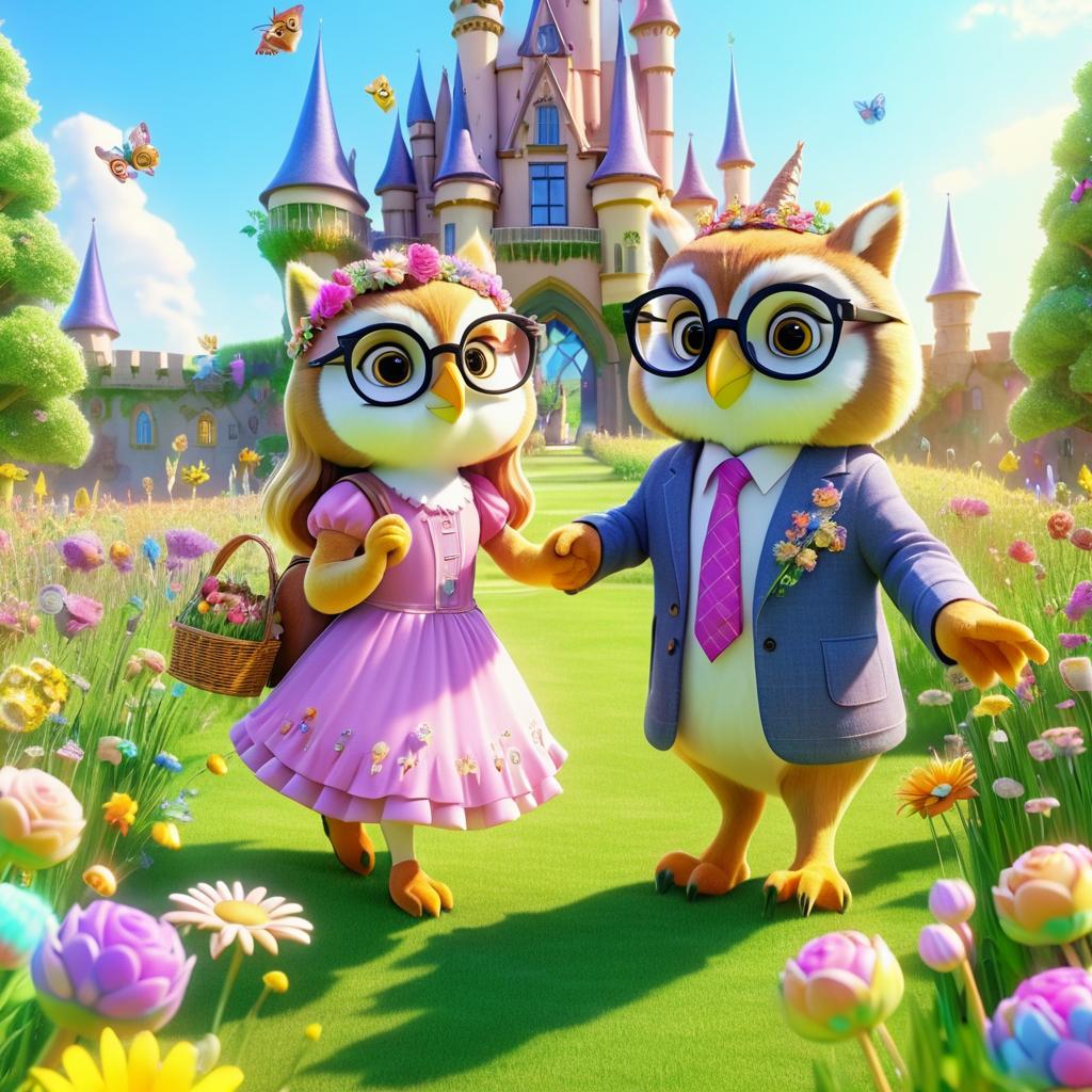 Whimsical Owl and Girl in Magic Meadow