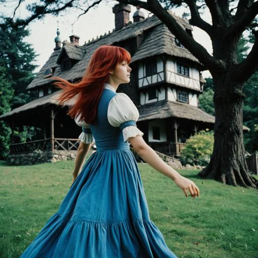 Red-haired woman in blue dress near a rustic cottage