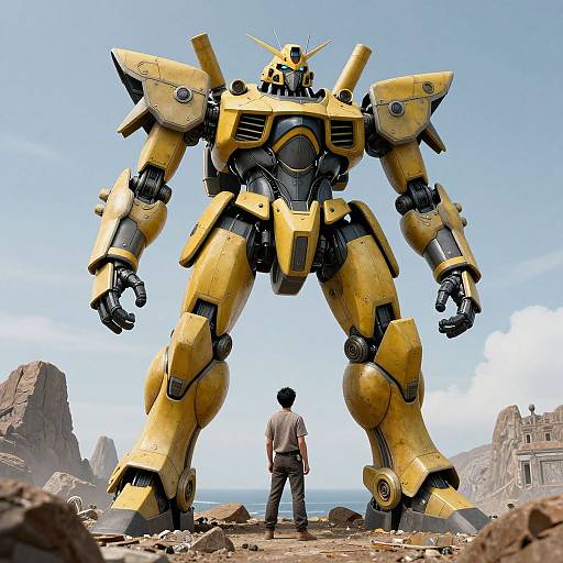 Photograph-style CGI: Small human stands before massive, yellow and black mecha robot, overlooking rocky coastal landscape with blue sky and ocean.