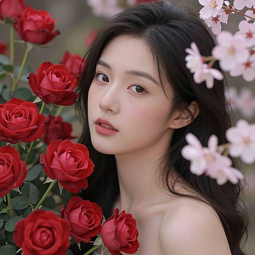 Photograph of an Asian woman with fair skin and long black hair, surrounded by vibrant red roses and pink flowers, gazing softly.