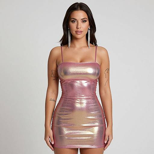 Photograph of a woman with long black hair, wearing a shiny, pink metallic, form-fitting mini dress, and long, dangling earrings, against