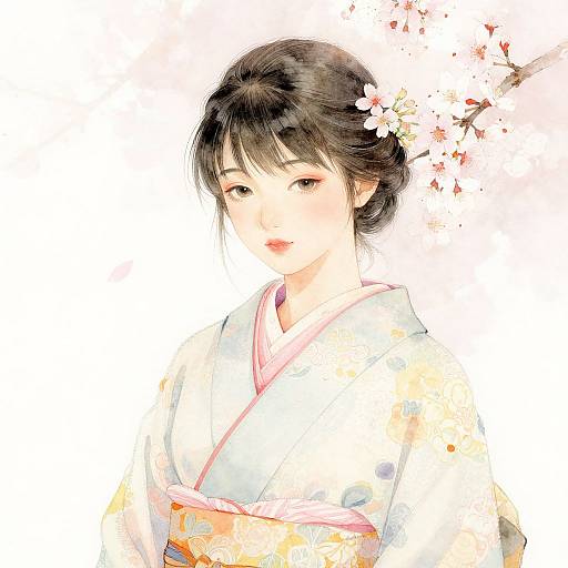 Digital watercolor portrait of a Japanese woman with black hair, cherry blossoms, wearing a white kimono, holding an orange fan, soft pastel
