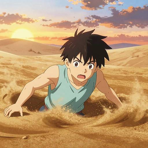 Anime-style digital illustration of a determined, muscular young man with black spiky hair, wearing a blue tank top, digging through a sandy desert at sunset