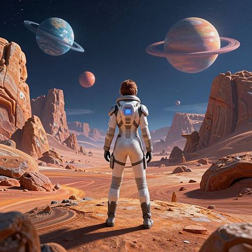 Photorealistic CGI: Astronaut in white suit standing on orange desert planet, facing colorful planet-filled starry sky with rocky formations.
