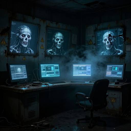 Cyberpunk laboratory with three blue-lit monitors displaying skeletal faces, surrounded by fog, warning signs, and dark, cluttered desks.