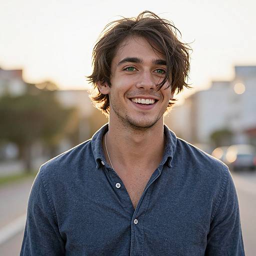 Photograph of a smiling young man with tousled brown hair, green eyes, and light stubble, wearing a blue button-up shirt, standing outdoors
