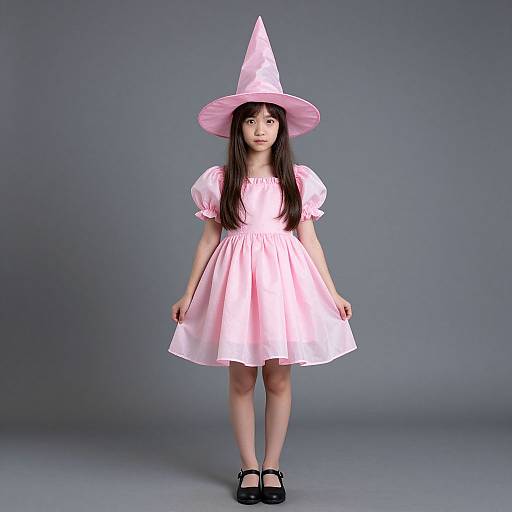 Photograph of an Asian girl with long black hair in a pink witch hat and dress, standing against a gray background.