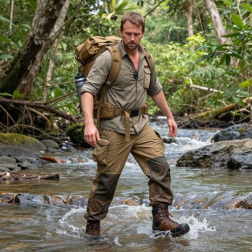 Photograph of a bearded, brown-haired man in muddy, khaki outdoor gear, hiking boots, and a large backpack, wading through a