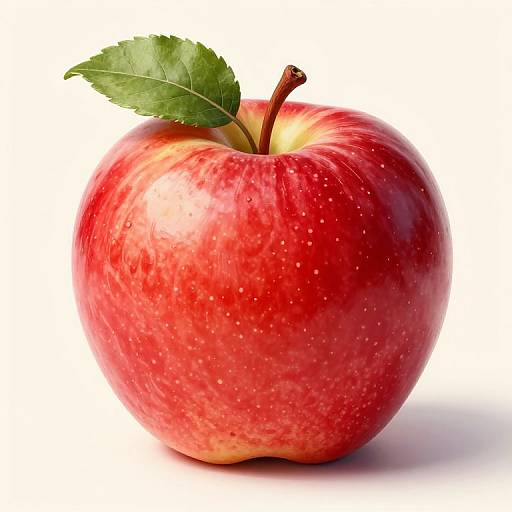 Photograph of a shiny, red apple with speckled skin, a green leaf, and a short brown stem, set against a white background.