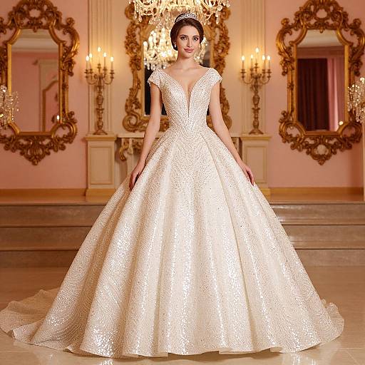 Photograph of a beautiful woman in an elegant, white, lace-embroidered ball gown with a deep V-neck, standing in a luxurious,