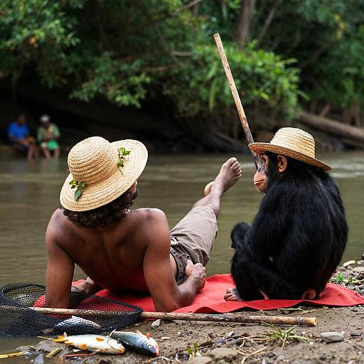 Man and Ape Relaxing by River in Straw Hats